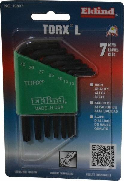 Eklind - 7 Piece T10 to T40 Chrome Nickel Alloy Steel L-Key Short Arm Torx Key Set - Exact Industrial Supply