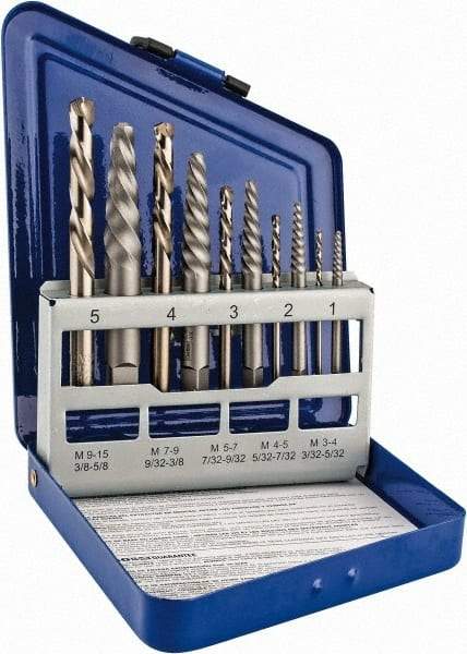 Irwin - 10 Piece Spiral Flute Screw Extractor & Drill Set - Screw Range 3/16 to 3/4" - Best Tool & Supply