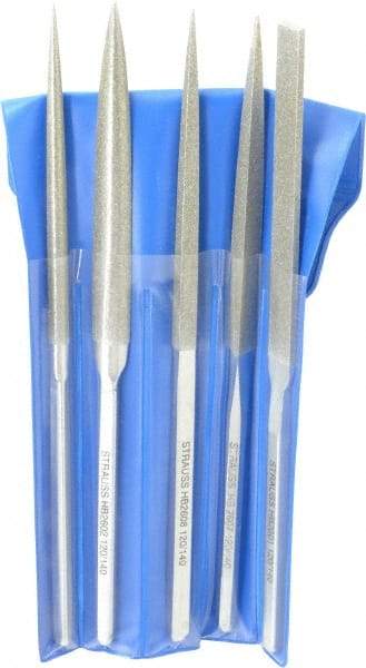 Strauss - 5 Piece Diamond Pattern File Set - 8-1/2" Long, Medium Coarseness, Set Includes Equalling, Half Round, Round, Square, Three Square - Best Tool & Supply