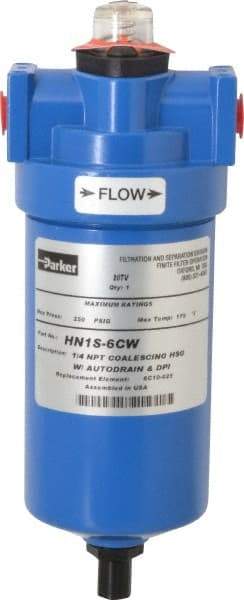 Parker - 1/4" Port, 8.8" High x 3.11" Wide, FRL Filter with Aluminum Bowl & Manual Drain - 15 SCFM, 250 Max psi, 175°F Max - Best Tool & Supply