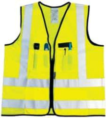 OccuNomix - Size M High Visibility Yellow Solid Surveyor's Vest - 36 to 38" Chest, ANSI 107-2015, Zipper Closure, 12 Pockets, Polyester - Best Tool & Supply