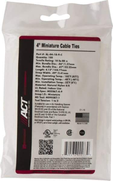 Made in USA - 4-1/8" Long Natural (Color) Nylon Standard Cable Tie - 18 Lb Tensile Strength, 1.07mm Thick, 22.23mm Max Bundle Diam - Best Tool & Supply