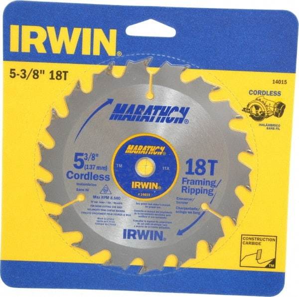 Irwin - 5-3/8" Diam, 10mm Arbor Hole Diam, 18 Tooth Wet & Dry Cut Saw Blade - Carbide-Tipped, Framing & Ripping Action, Standard Round Arbor - Best Tool & Supply