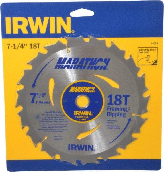 Irwin - 7-1/4" Diam, 5/8" Arbor Hole Diam, 18 Tooth Wet & Dry Cut Saw Blade - Carbide-Tipped, Framing & Ripping Action, Diamond Arbor - Best Tool & Supply