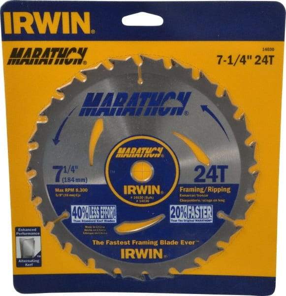 Irwin - 7-1/4" Diam, 5/8" Arbor Hole Diam, 24 Tooth Wet & Dry Cut Saw Blade - Carbide-Tipped, Framing & Ripping Action, Diamond Arbor - Best Tool & Supply