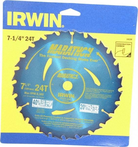 Irwin - 7-1/4" Diam, 5/8" Arbor Hole Diam, 24 Tooth Wet & Dry Cut Saw Blade - Carbide-Tipped, General Purpose Action, Diamond Arbor - Best Tool & Supply