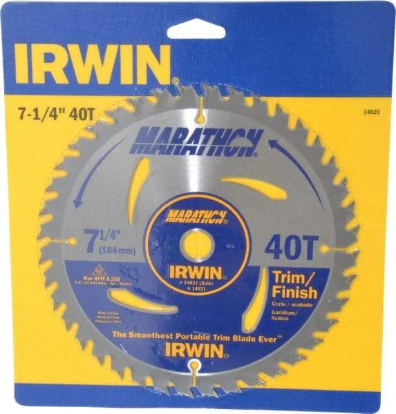 Irwin - 7-1/4" Diam, 5/8" Arbor Hole Diam, 40 Tooth Wet & Dry Cut Saw Blade - Carbide-Tipped, Finishing & Trimming Action, Diamond Arbor - Best Tool & Supply