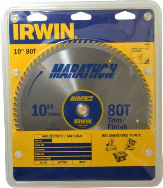 Irwin - 10" Diam, 5/8" Arbor Hole Diam, 80 Tooth Wet & Dry Cut Saw Blade - Carbide-Tipped, Finishing & Trimming Action, Standard Round Arbor - Best Tool & Supply