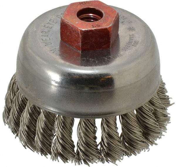 Anderson - 2-3/4" Diam, M10x1.50 Threaded Arbor, Stainless Steel Fill Cup Brush - 0.02 Wire Diam, 3/4" Trim Length, 14,000 Max RPM - Best Tool & Supply