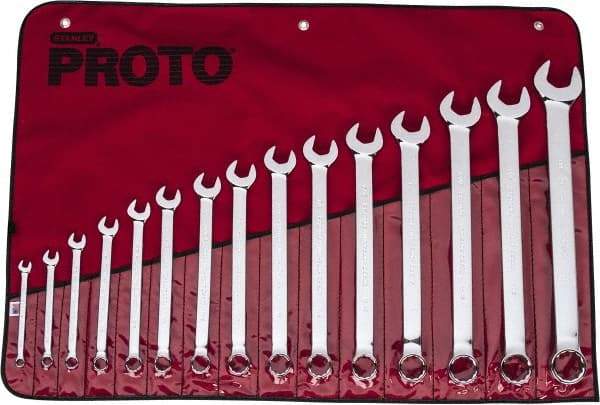 Proto - 15 Piece, 5/16" to 1-1/4", 12 Point Combination Wrench Set - Inch Measurement Standard, Full Polish Finish, Comes in Vinyl Roll - Best Tool & Supply