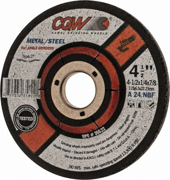 CGW Abrasives - 24 Grit, 4-1/2" Diam x 1/4" Thick x 7/8" Arbor, Type 27 Depressed Center Wheel - Best Tool & Supply