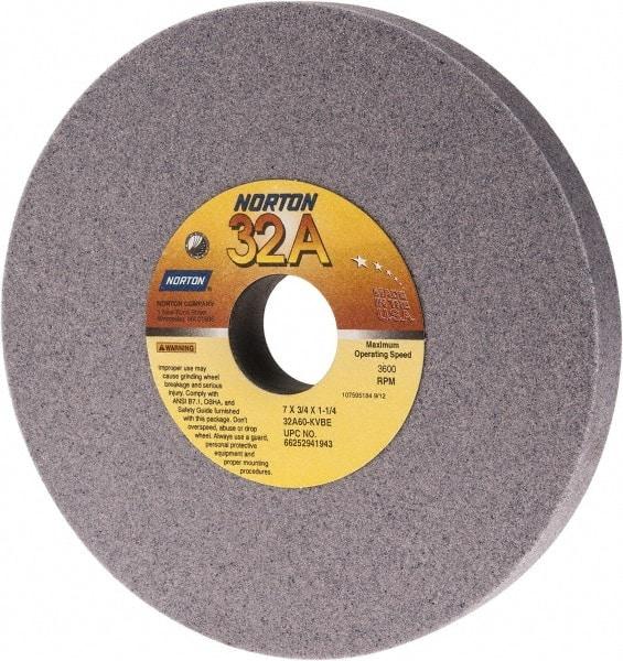 Norton - 7" Diam x 1-1/4" Hole x 3/4" Thick, K Hardness, 60 Grit Surface Grinding Wheel - Aluminum Oxide, Type 1, Medium Grade, 3,600 Max RPM, Vitrified Bond, No Recess - Best Tool & Supply