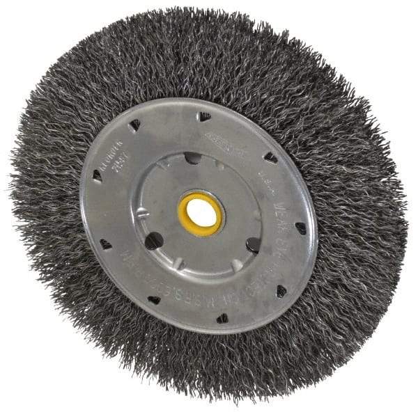 Osborn - 6" OD, 1/2 & 5/8" Arbor Hole, Crimped Steel Wheel Brush - 5/8" Face Width, 1-1/8" Trim Length, 0.014" Filament Diam, 6,000 RPM - Best Tool & Supply