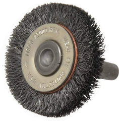 Osborn - 1-1/2" OD, 1/4" Shank Diam, Crimped Steel Wheel Brush - 3/8" Face Width, 9/32" Trim Length, 0.008" Filament Diam, 25,000 RPM - Best Tool & Supply