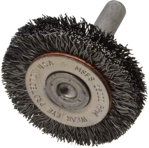 Osborn - 1-1/2" OD, 1/4" Shank Diam, Crimped Steel Wheel Brush - 3/8" Face Width, 9/32" Trim Length, 0.0118" Filament Diam, 25,000 RPM - Best Tool & Supply