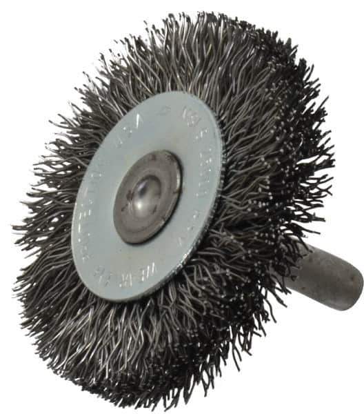 Osborn - 2" OD, 1/4" Shank Diam, Crimped Steel Wheel Brush - 3/8" Face Width, 7/16" Trim Length, 0.014" Filament Diam, 25,000 RPM - Best Tool & Supply