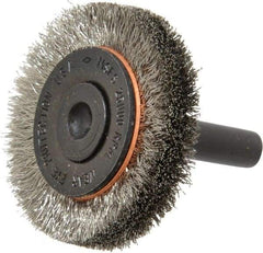 Osborn - 1-1/2" OD, 1/4" Shank Diam, Crimped Stainless Steel Wheel Brush - 3/8" Face Width, 9/32" Trim Length, 0.006" Filament Diam, 25,000 RPM - Best Tool & Supply