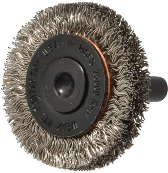 Osborn - 1-1/2" OD, 1/4" Shank Diam, Crimped Stainless Steel Wheel Brush - 3/8" Face Width, 9/32" Trim Length, 0.012" Filament Diam, 25,000 RPM - Best Tool & Supply