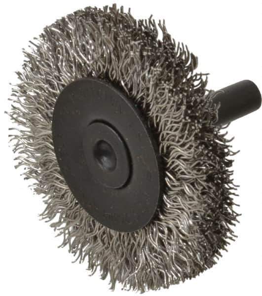 Osborn - 2" OD, 1/4" Shank Diam, Crimped Stainless Steel Wheel Brush - 3/8" Face Width, 7/16" Trim Length, 0.014" Filament Diam, 25,000 RPM - Best Tool & Supply