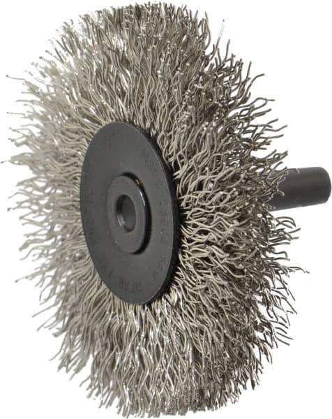 Osborn - 2-1/2" OD, 1/4" Shank Diam, Crimped Stainless Steel Wheel Brush - 7/16" Face Width, 11/16" Trim Length, 0.014" Filament Diam, 25,000 RPM - Best Tool & Supply