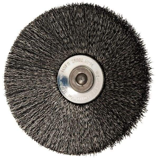 Osborn - 3" OD, 1/4" Shank Diam, Crimped Steel Wheel Brush - 7/16" Face Width, 15/16" Trim Length, 0.006" Filament Diam, 20,000 RPM - Best Tool & Supply