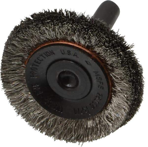 Osborn - 1-1/2" OD, 1/4" Shank Diam, Crimped Stainless Steel Wheel Brush - 3/8" Face Width, 3/8" Trim Length, 0.006" Filament Diam, 20,000 RPM - Best Tool & Supply