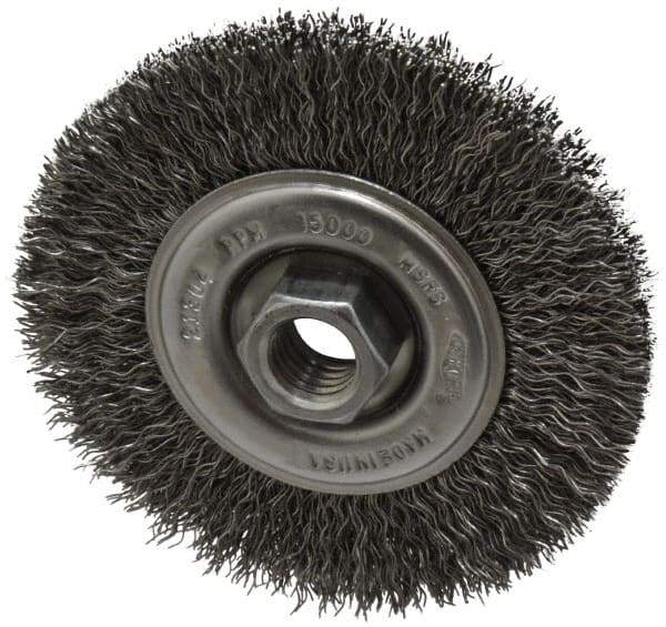 Osborn - 4" OD, 5/8-11 Arbor Hole, Crimped Steel Wheel Brush - 1/2" Face Width, 0.014" Filament Diam, 15,000 RPM - Best Tool & Supply