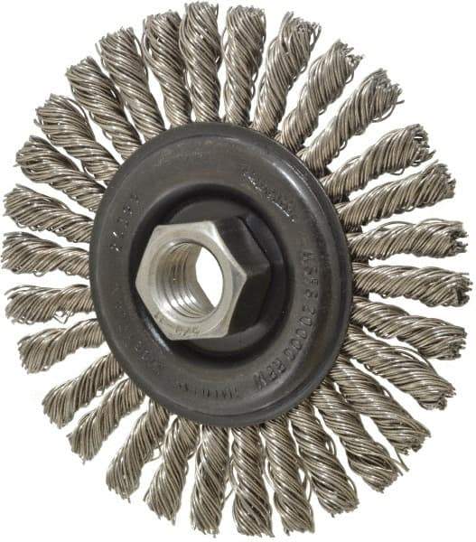 Osborn - 4" OD, 5/8-11 Arbor Hole, Knotted Stainless Steel Wheel Brush - 1/4" Face Width, 7/8" Trim Length, 0.02" Filament Diam, 20,000 RPM - Best Tool & Supply