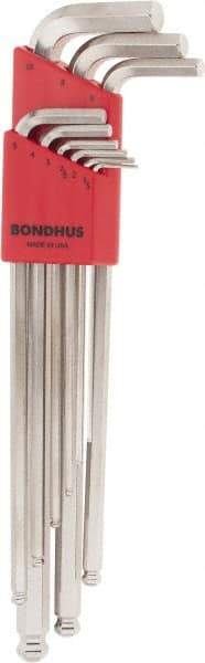 Bondhus - 9 Piece L-Key Ball End Hex Key Set - Hex Range 1.5 to 10mm, 11" OAL, Protanium High Torque Steel - Best Tool & Supply