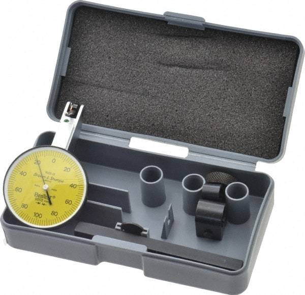 TESA Brown & Sharpe - 0.2 mm Range, 0.002 mm Dial Graduation, Horizontal Dial Test Indicator - 38 mm Yellow Dial, 0-100-0 Dial Reading, 0.002 mm - Best Tool & Supply