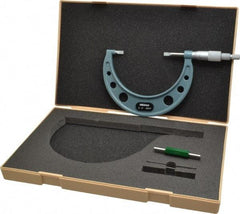 Mitutoyo - 3" to 4" Mechanical Hammertone Green Coated Blade Micrometer - 0.0002" Accuracy, 0.0001" Graduation, 0.75mm Blade Thickness, Ratchet Stop Thimble - Best Tool & Supply