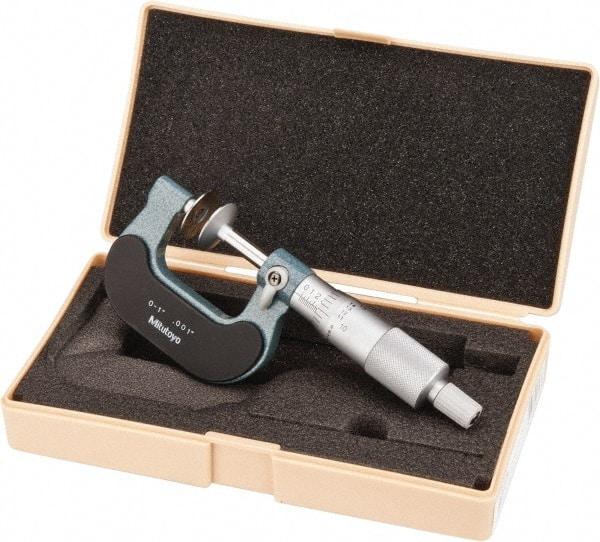 Mitutoyo - 0 to 1 Inch, 0.001 Inch Graduation, Ratchet Stop Thimble, Mechanical Disc Micrometer - 0.0002 Inch Accuracy, 20mm Disc, 6.35mm Spindle - Best Tool & Supply