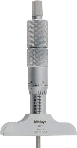 Mitutoyo - 0 to 4" Range, 4 Rod, Satin Chrome Finish Mechanical Depth Micrometer - Ratchet Stop Thimble, 2-1/2" Base Length, 0.01mm Graduation, 4mm Rod Diam - Best Tool & Supply