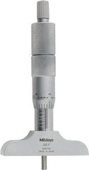 Mitutoyo - 0 to 4" Range, 4 Rod, Satin Chrome Finish Mechanical Depth Micrometer - Ratchet Stop Thimble, 2-1/2" Base Length, 0.01mm Graduation, 4mm Rod Diam - Best Tool & Supply