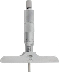 Mitutoyo - 0 to 4" Range, 4 Rod, Satin Chrome Finish Mechanical Depth Micrometer - Ratchet Stop Thimble, 4" Base Length, 0.01mm Graduation, 4mm Rod Diam - Best Tool & Supply