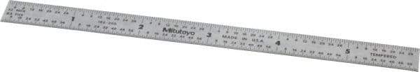 Mitutoyo - 6" Long, 1/64, 1/32" and 0.5, 1mm Graduation, Flexible Stainless Steel Rule - English/Metric Graduation Style, 1/2" Wide, Silver, Satin Chrome Finish - Best Tool & Supply