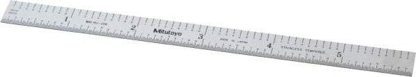 Mitutoyo - 6" Long, 1/50, 1/10" and 0.5, 1mm Graduation, Flexible Stainless Steel Rule - Decimal/Metric Graduation Style, 1/2" Wide, Silver, Satin Chrome Finish - Best Tool & Supply