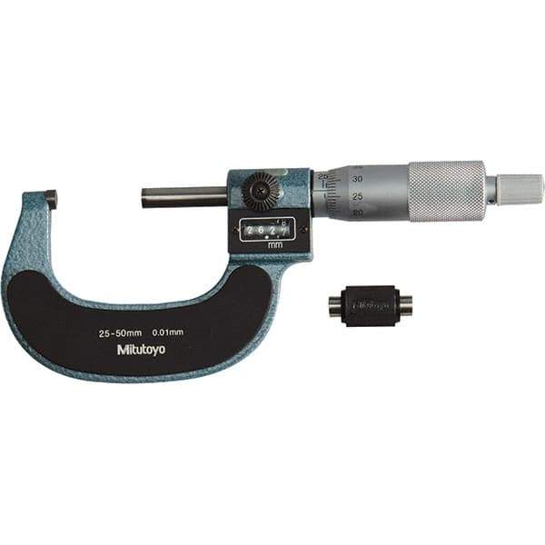 Mitutoyo - Standard Throat Electronic Outside Micrometer - Ratchet Stop Thimble, Carbide-Tipped Face - Best Tool & Supply