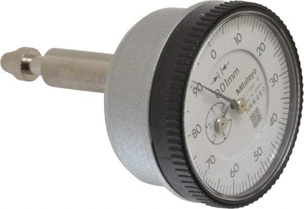 Mitutoyo - 5mm Range, 0-100 Dial Reading, 0.01mm Graduation Dial Drop Indicator - 1.5354" Dial, 1mm Range per Revolution, 0.016mm Accuracy - Best Tool & Supply