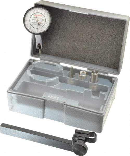 Mitutoyo - 9 Piece, 0" to 0.016" Measuring Range, 40mm Dial Diam, 0-4-0 Dial Reading, White Dial Test Indicator Kit - 0.0005" Accuracy, 0.59" Contact Point Length, 0.039, 0.079 & 0.118" Ball Diam, 0.0001" Dial Graduation - Best Tool & Supply