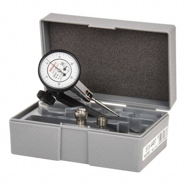 Mitutoyo - 9 Piece, 0" to 0.06" Measuring Range, 40mm Dial Diam, 0-15-0 Dial Reading, White Dial Test Indicator Kit - 0.0005" Accuracy, 1.33" Contact Point Length, 0.039, 0.079 & 0.118" Ball Diam, 0.0005" Dial Graduation - Best Tool & Supply