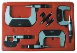 Value Collection - 0 to 75mm Range, 3 Piece Mechanical Outside Micrometer Set - 0.01mm Graduation, 0.000160, 0.000200 Accuracy, Ratchet Stop Thimble, Carbide Tipped, Forged Steel (Frame) Face - Best Tool & Supply