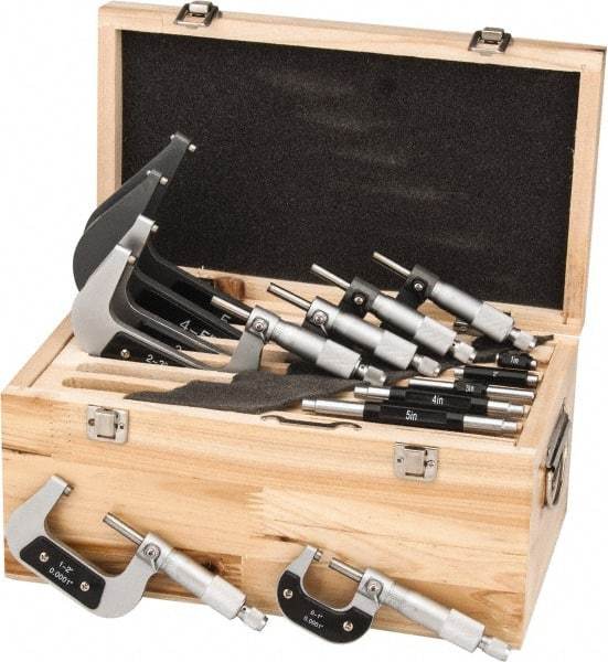 Value Collection - 0 to 6" Range, 6 Piece Mechanical Outside Micrometer Set - 0.0001" Graduation, 0.000160, 0.000200, 0.000240 Accuracy, Ratchet Stop Thimble, Carbide Tipped, Forged Steel (Frame) Face - Best Tool & Supply