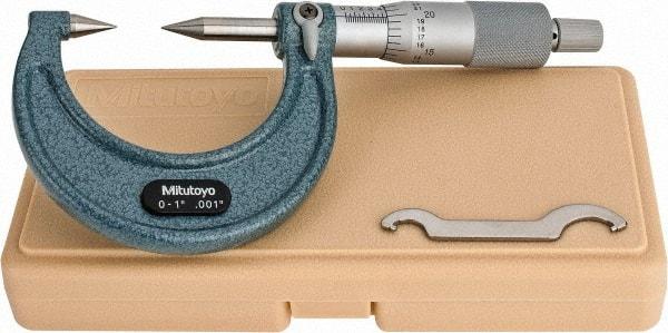 Mitutoyo - 1 Inch, 38mm Throat Depth, Ratchet Stop, Mechanical Point Micrometer - Accurate Up to 0.00015 Inch, 0.001 Inch Graduation, 0.5039 Inch Point Length, 30° Point Angle, 18mm Head Diameter, 6.35mm Spindle Diameter - Best Tool & Supply