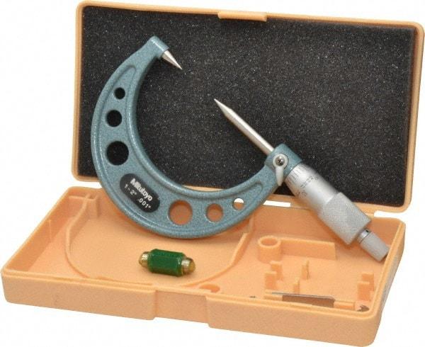 Mitutoyo - 1 to 2 Inch, 49mm Throat Depth, Ratchet Stop, Mechanical Point Micrometer - Accurate Up to 0.00015 Inch, 0.001 Inch Graduation, 0.5039 Inch Point Length, 30° Point Angle, 18mm Head Diameter, 6.35mm Spindle Diameter - Best Tool & Supply