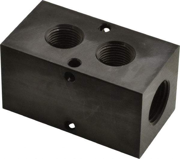 Made in USA - 1/2" Inlet, 3/8" Outlet Manifold - 2-3/4" Long x 1-1/2" Wide x 1-1/2" High, 0.2" Mount Hole, 2 Inlet Ports, 2 Outlet Ports - Best Tool & Supply