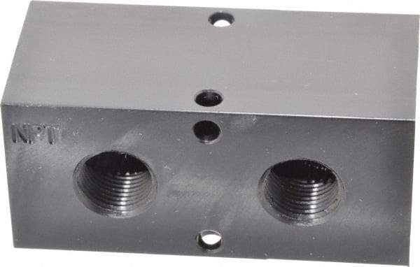 Made in USA - 1/2" Inlet, 3/8" Outlet Manifold - 3-1/4" Long x 1-1/2" Wide x 1-1/2" High, 0.2" Mount Hole, 2 Inlet Ports, 2 Outlet Ports - Best Tool & Supply