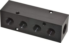 Made in USA - 3/8" Inlet, 1/4" Outlet Manifold - 4.12" Long x 1-1/4" Wide x 1-1/4" High, 0.2" Mount Hole, 2 Inlet Ports, 4 Outlet Ports - Best Tool & Supply