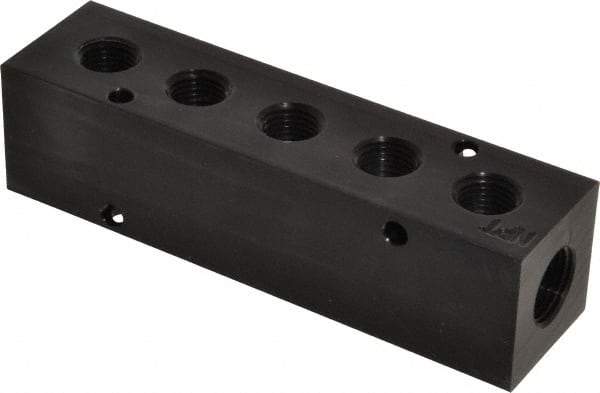 Made in USA - 3/8" Inlet, 1/4" Outlet Manifold - 5" Long x 1-1/4" Wide x 1-1/4" High, 0.2" Mount Hole, 2 Inlet Ports, 5 Outlet Ports - Best Tool & Supply