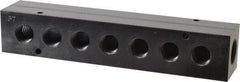 Made in USA - 1/2" Inlet, 3/8" Outlet Manifold - 7-3/4" Long x 1-1/2" Wide x 1-1/2" High, 0.2" Mount Hole, 2 Inlet Ports, 7 Outlet Ports - Best Tool & Supply